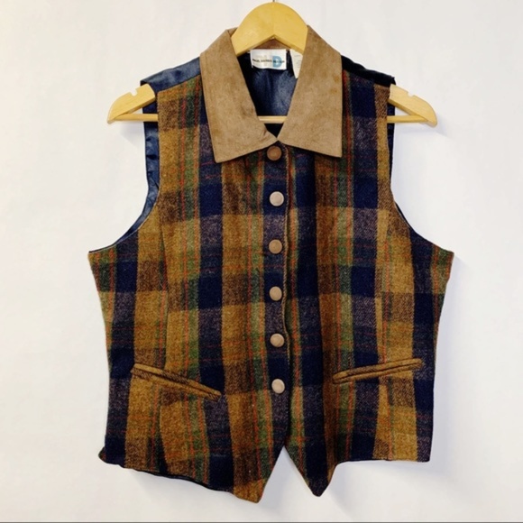 Vintage Wool Leather Check Plaid Waistcoat M